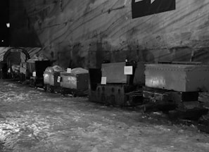 a black and white photo of a bunch of boxes