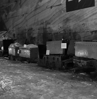a black and white photo of a bunch of boxes