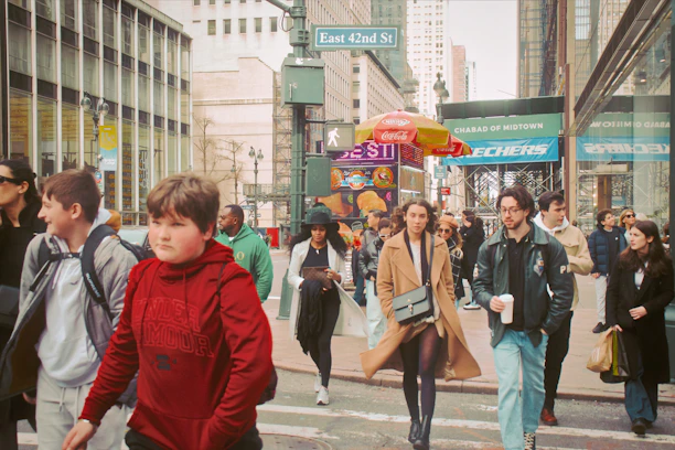 A bustling New York street scene with a young person juggling a laptop and coffee, symbolizing side hustle energy.