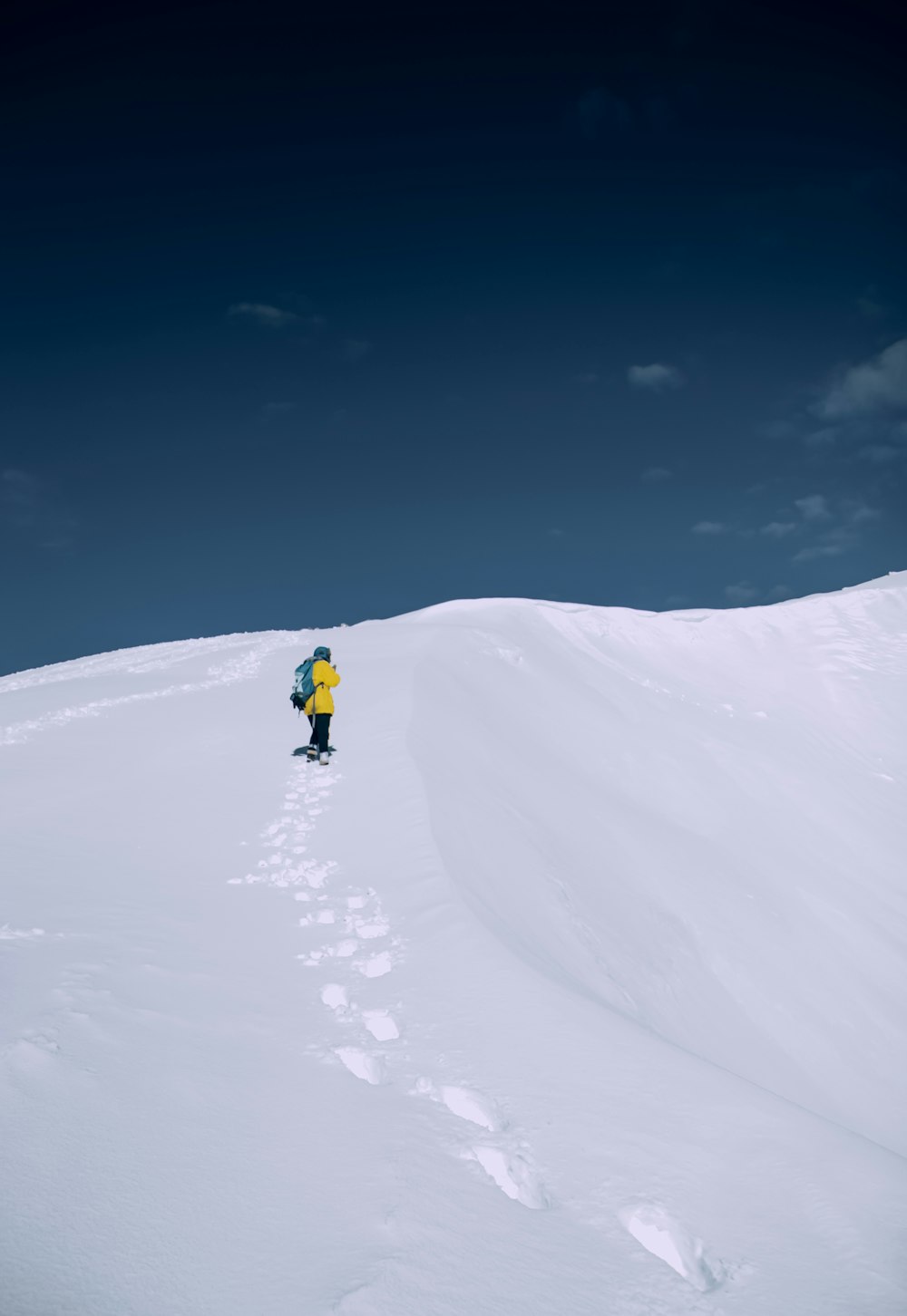 a person walking up a snow covered hill