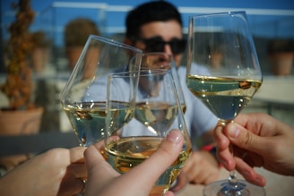 a group of people toasting with wine glasses
