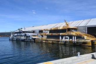 Two boats with military-style camouflage paint are docked in a waterway. One boat features a blue, gray, and white color scheme, while the other has a brown, beige, and green pattern. Both are positioned next to a large building structure.