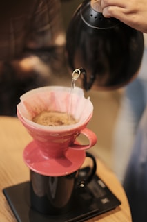 Hands pouring hot water over coffee grounds in the Hario V60 brewer.