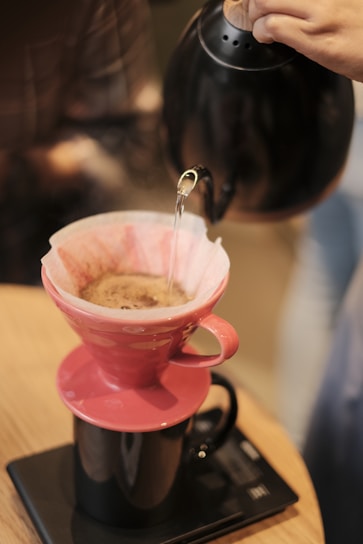 Hands pouring hot water over coffee grounds in the Hario V60 brewer.
