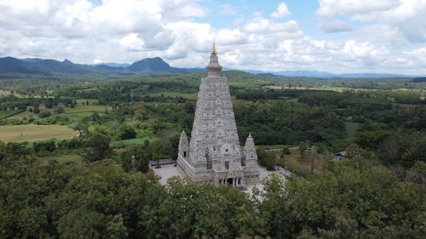 A serene temple under construction in a lush Tamil Nadu village, with artisans carefully carving stone pillars.