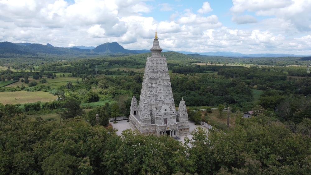 an aerial view of a temple surrounded by trees