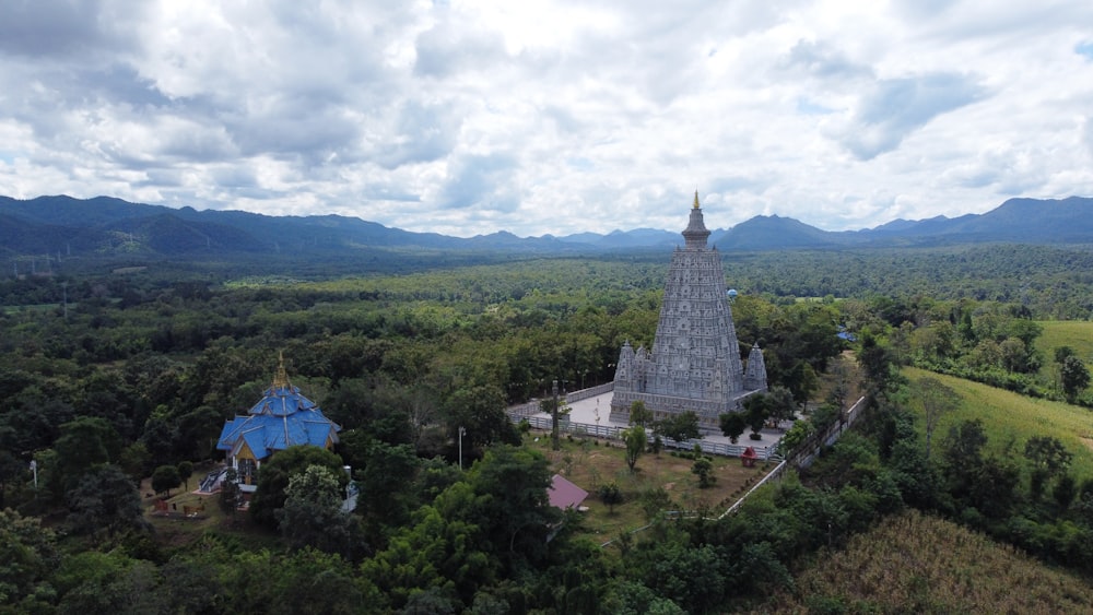 an aerial view of a pagoda in the middle of a forest