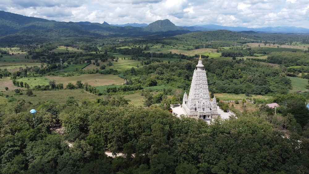 an aerial view of a temple in the middle of a forest