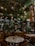 A stylish restaurant interior with a lush, green decor theme. Hanging pendant lights and ceiling foliage create a cozy, intimate atmosphere. The tables are elegantly set with patterned plates and glassware. People are seen working or possibly attending to guests, and the seating areas feature plush chairs.