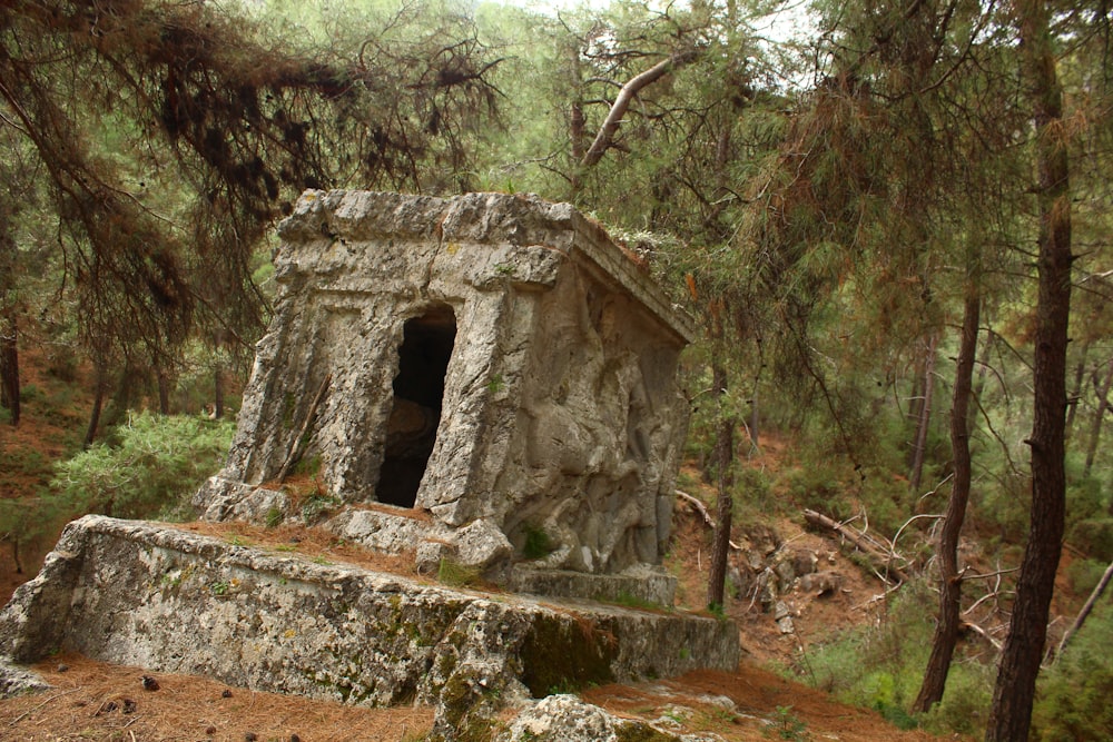 a stone structure in the middle of a forest