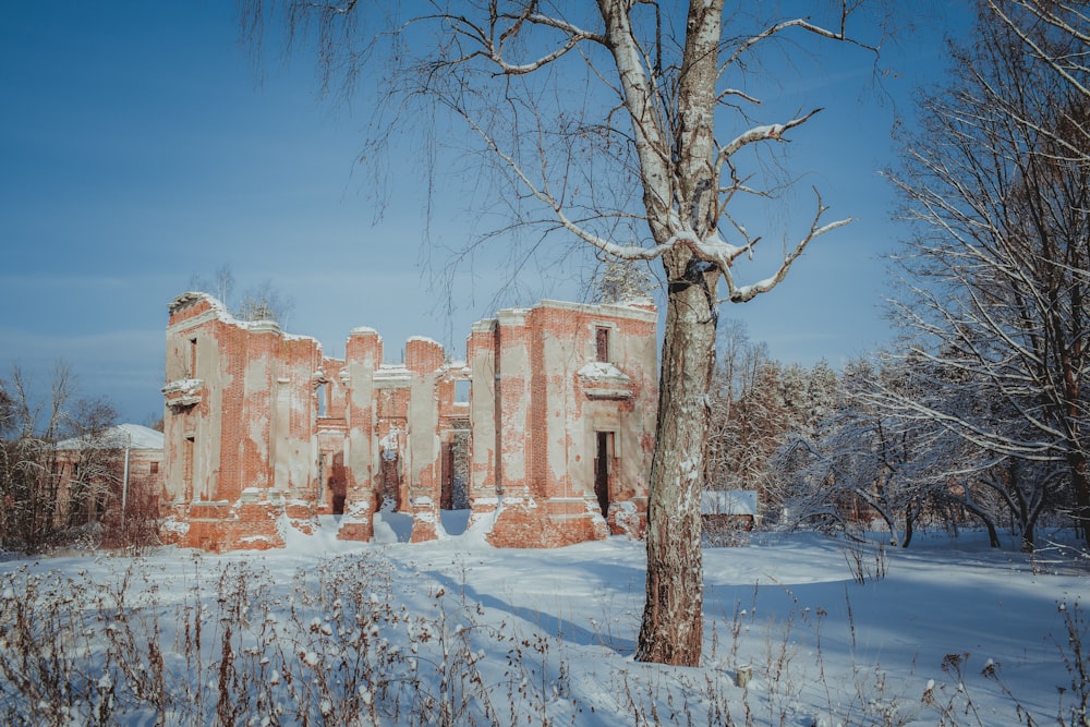 a large brick building sitting next to a tree