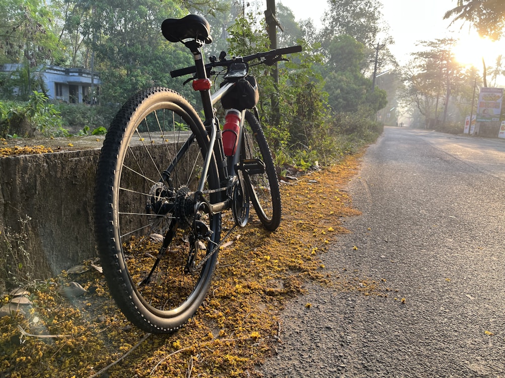 a bicycle parked on the side of a road