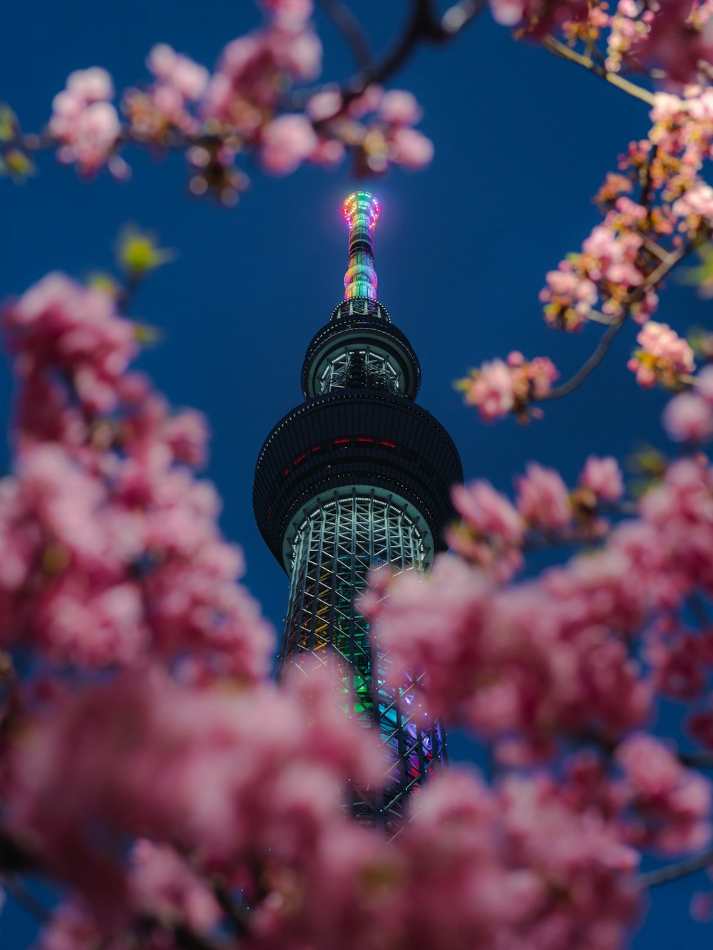 a very tall tower with a lot of pink flowers on it