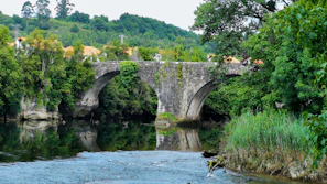 An ancient stone bridge arching over a gently flowing river surrounded by lush greenery
