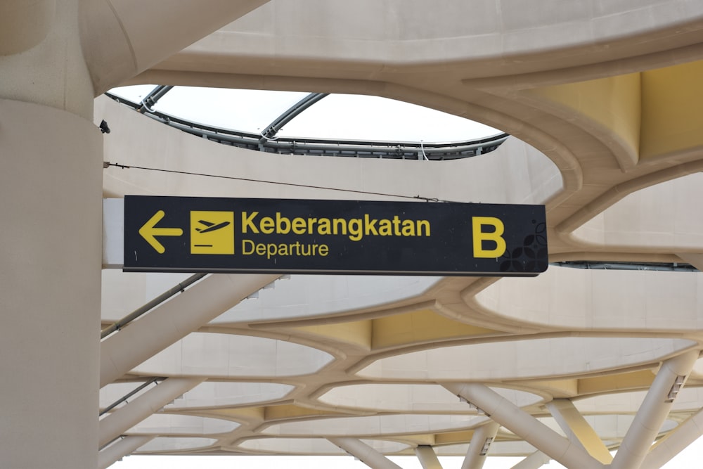 a black and yellow sign hanging from the side of a building