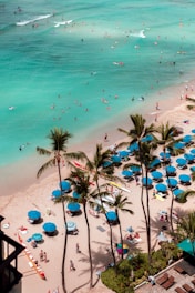 A vibrant beach scene with turquoise waters and a sandy shoreline. Numerous people are swimming and surfing in the water, while others relax on the beach under bright blue umbrellas. Tall palm trees add a tropical feel to the setting.
