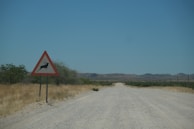 A dirt road stretches into the distance through a dry savannah landscape with low shrubs and distant hills. On the left side of the road, there is a triangular road sign depicting a leaping antelope, warning of potential wildlife crossings.