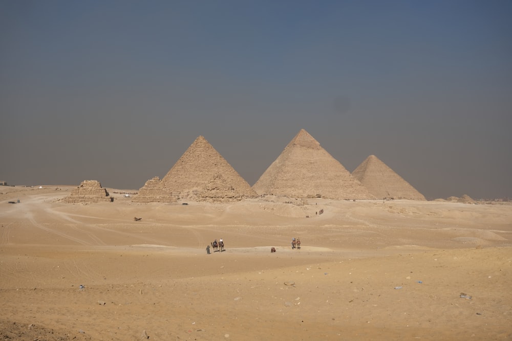 a group of people riding camels across a desert