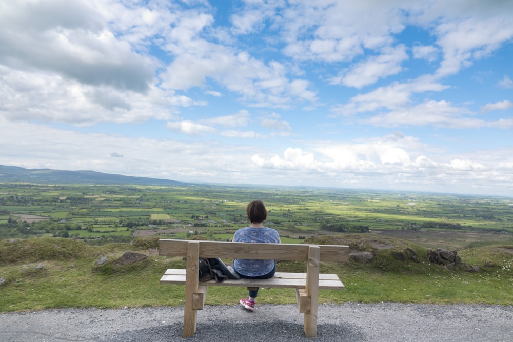a person sitting on a bench looking out over the countryside