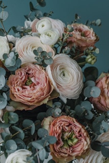 A bouquet of flowers featuring large, layered petals in shades of pink, cream, and white. The flowers are surrounded by eucalyptus leaves, providing a muted green contrast. The composition offers a natural and elegant look.