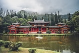 A serene temple surrounded by lush greenery and mountains.