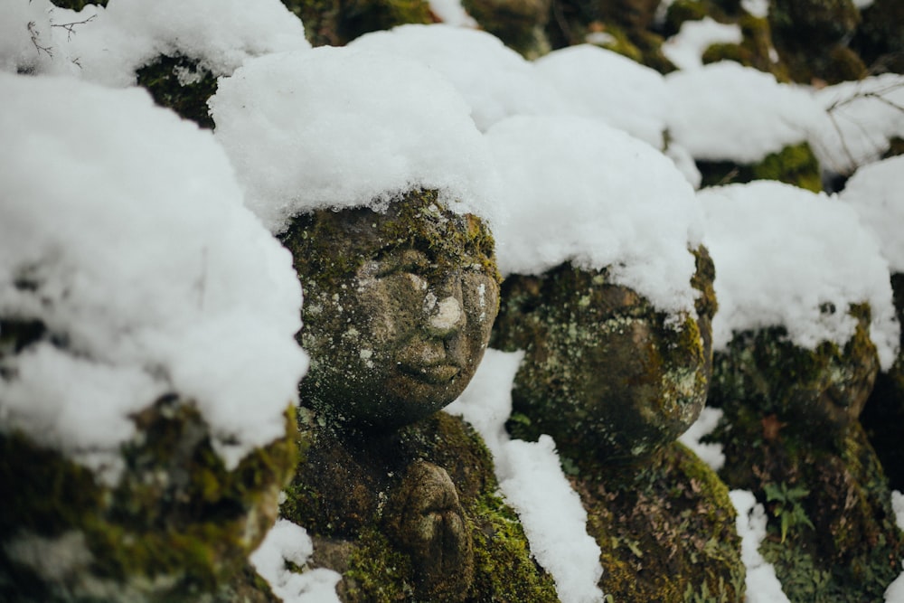 a group of statues covered in snow next to each other