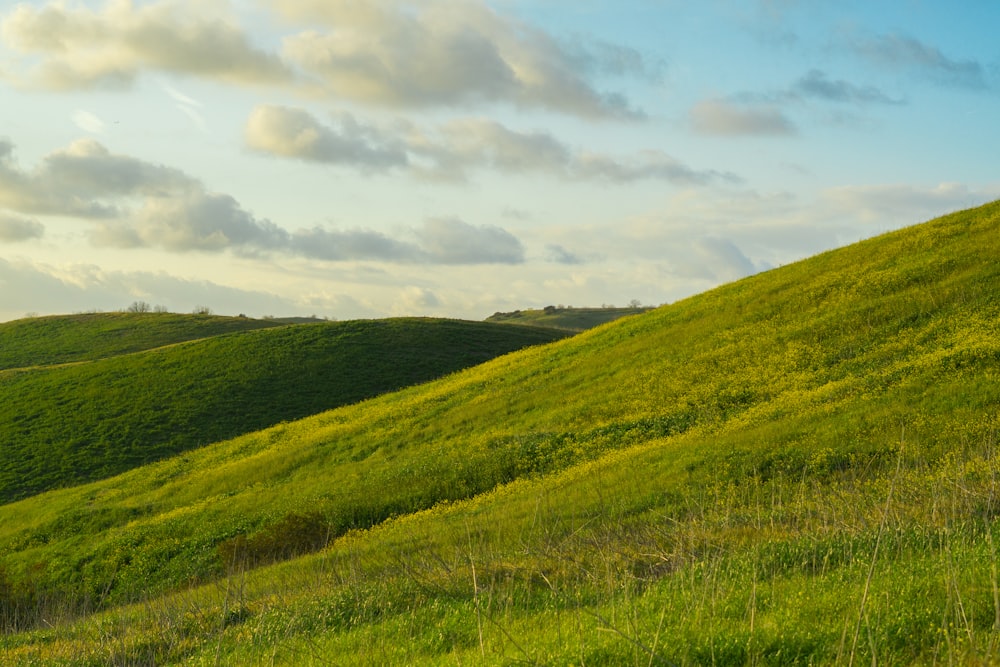 a lush green hillside covered in grass under a cloudy sky