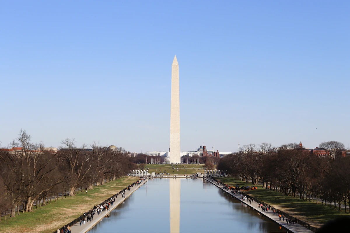 The Washington Monument reflected in still water along the National Mall in Washington, D.C.