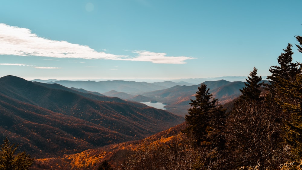 a scenic view of a mountain range with trees in the foreground