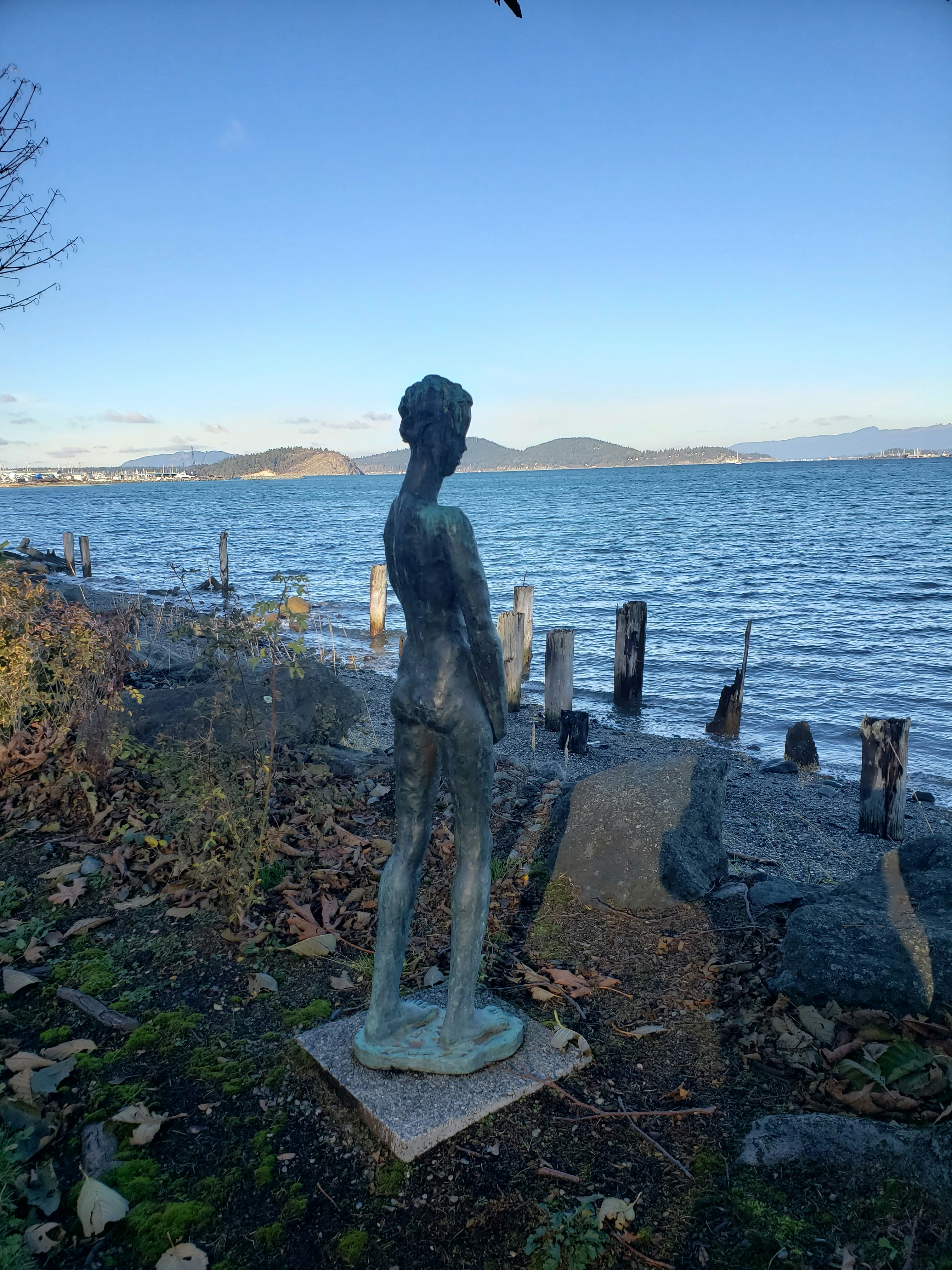 a statue of a man standing next to a body of water