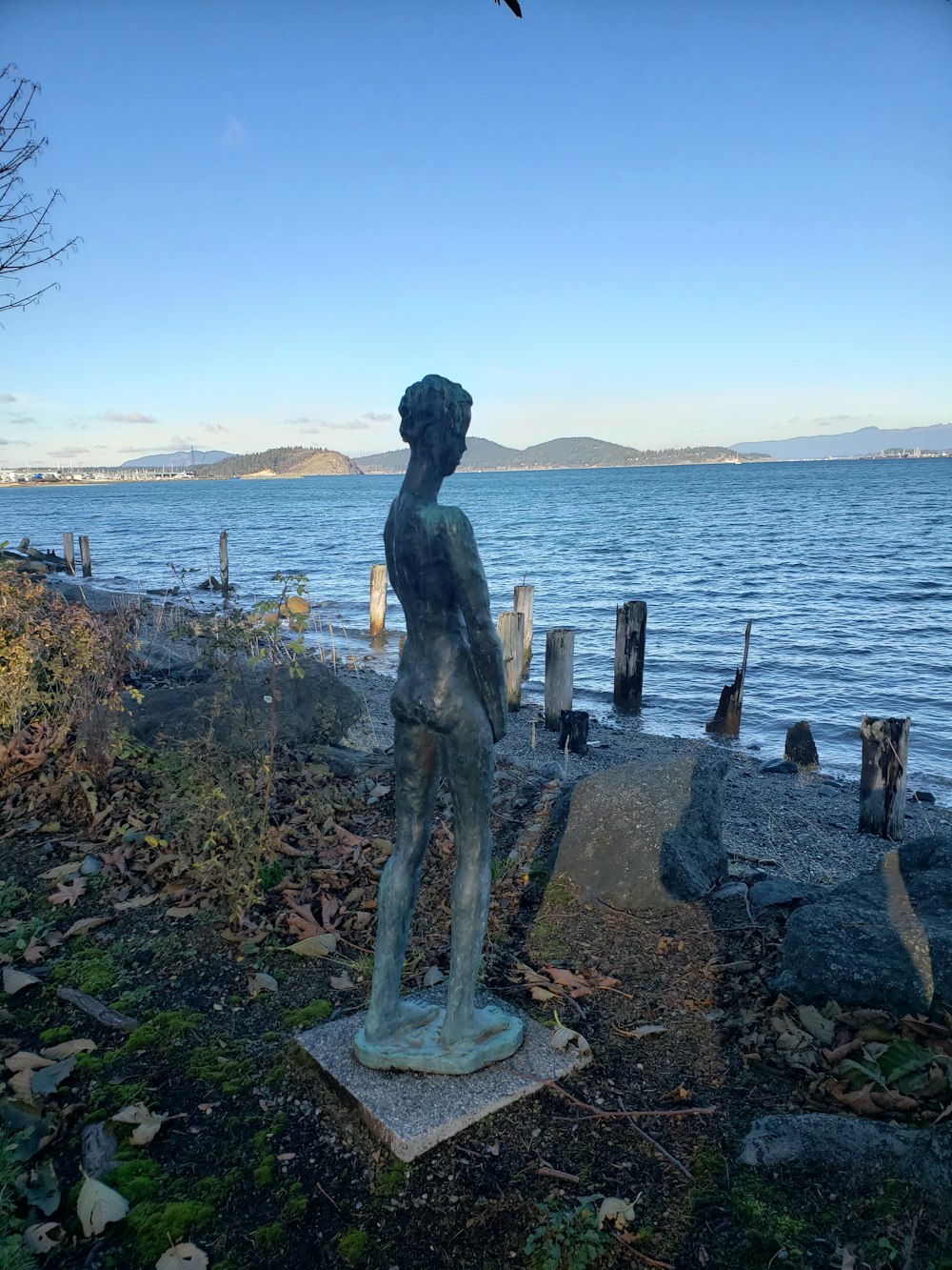 Una estatua de un hombre de pie junto a un cuerpo de agua