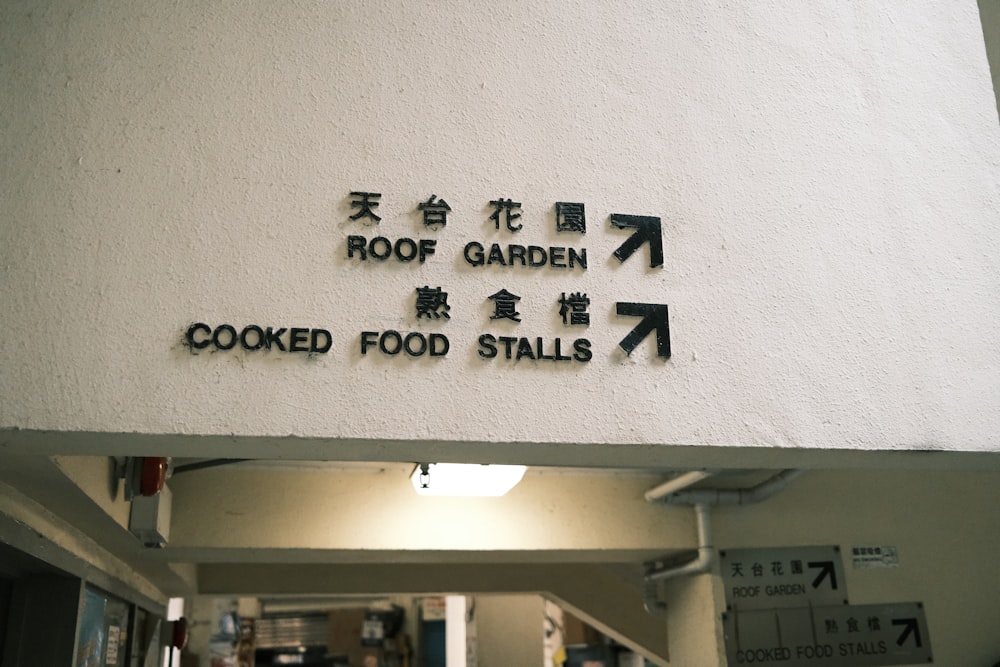 a sign on the side of a building that says roof garden cooked food stalls