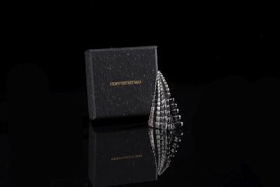 A black box with the brand name 'COPPERIST.WU' is positioned next to a metallic, sculptural object. The object resembles a stack of polished, reflective stones or a stylized scale pattern, and both items are set against a dark, glossy surface, creating a mirrored reflection beneath them.
