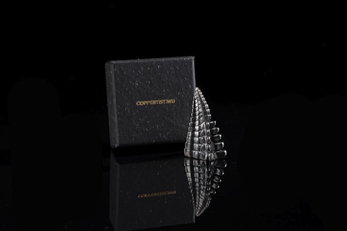 A black box with the brand name 'COPPERIST.WU' is positioned next to a metallic, sculptural object. The object resembles a stack of polished, reflective stones or a stylized scale pattern, and both items are set against a dark, glossy surface, creating a mirrored reflection beneath them.