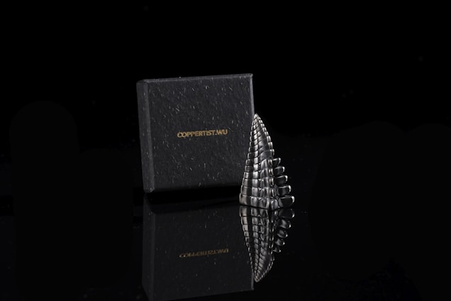 A black box with the brand name 'COPPERIST.WU' is positioned next to a metallic, sculptural object. The object resembles a stack of polished, reflective stones or a stylized scale pattern, and both items are set against a dark, glossy surface, creating a mirrored reflection beneath them.