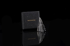 A black box with the brand name 'COPPERIST.WU' is positioned next to a metallic, sculptural object. The object resembles a stack of polished, reflective stones or a stylized scale pattern, and both items are set against a dark, glossy surface, creating a mirrored reflection beneath them.