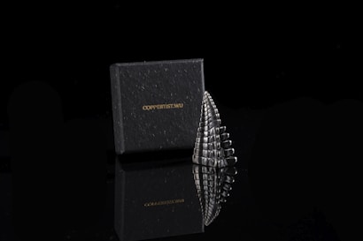 A black box with the brand name 'COPPERIST.WU' is positioned next to a metallic, sculptural object. The object resembles a stack of polished, reflective stones or a stylized scale pattern, and both items are set against a dark, glossy surface, creating a mirrored reflection beneath them.