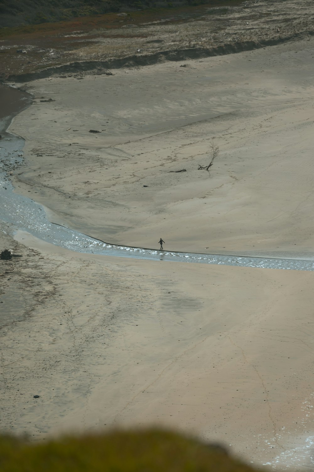 a person walking across a sandy beach next to a body of water