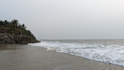 Coastal view of a serene beach in Lombok with gentle waves and palm trees.