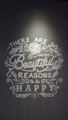 Inspirational text with floral decorations on a gray background, emphasizing positivity and happiness.