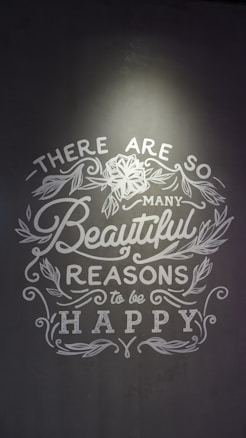 Inspirational text with floral decorations on a gray background, emphasizing positivity and happiness.