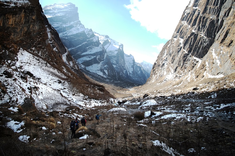 Un gruppo di persone che camminano su una montagna innevata