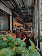 Cozy Scandinavian-style restaurant interior with warm lighting and wooden accents