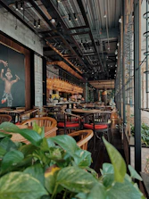 Interior of a cozy bistro with local art on the walls and warm lighting.