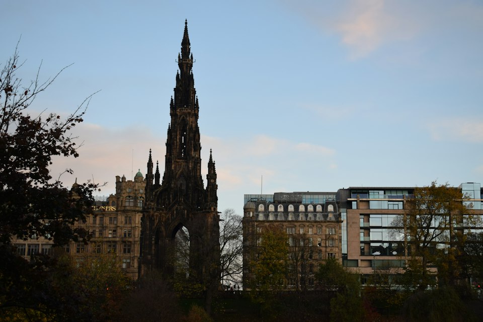 The Gothic spire of the Scott Monument rising above Edinburgh's New Town