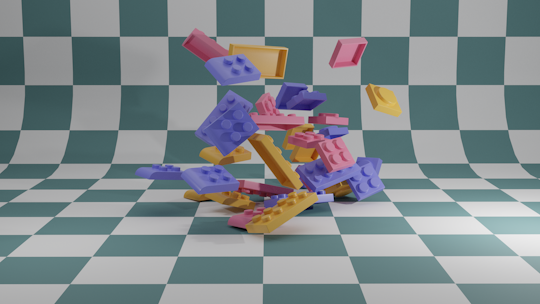 Colorful toy blocks are scattered in mid-air against a backdrop of a green and white checkered pattern. The blocks, in shades of pink, blue, and yellow, appear to be suspended as if in a state of motion or freeze-frame.