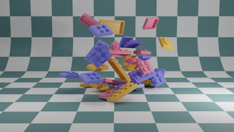Colorful toy blocks are scattered in mid-air against a backdrop of a green and white checkered pattern. The blocks, in shades of pink, blue, and yellow, appear to be suspended as if in a state of motion or freeze-frame.