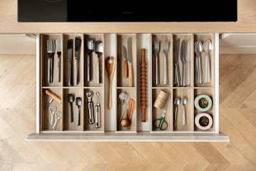 Organized kitchen drawer with systematic utensil storage