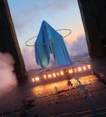A mysterious scene featuring a large, blue cloth-like structure floating in mid-air surrounded by a glowing circular ring. Below, the words IN THEIR MIDST are illuminated, casting light onto a metallic, textured surface. This evokes a sense of otherworldly presence or science fiction atmosphere. A small figure stands in the foreground, looking up at the enigmatic object.