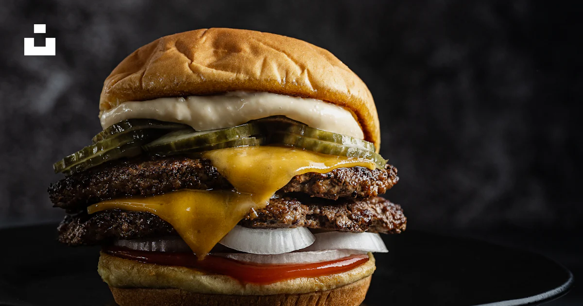 A cheeseburger on a black plate on a cooling rack photo โ Free Burger ...